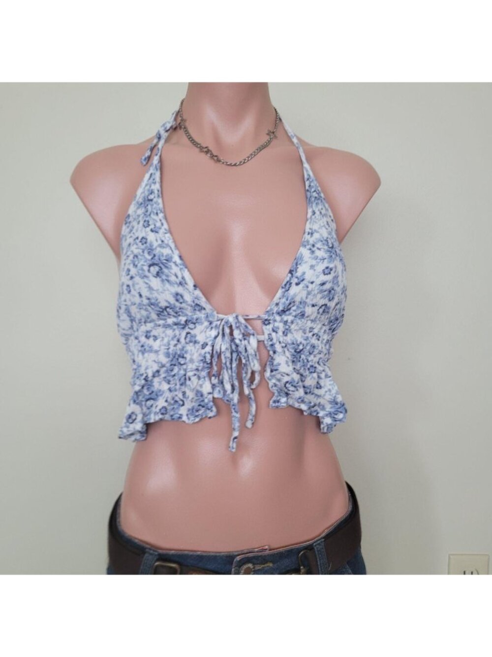 Bohemian Adjustable Elastic Smocked Floral Halter Neck Tank Top (One Size)